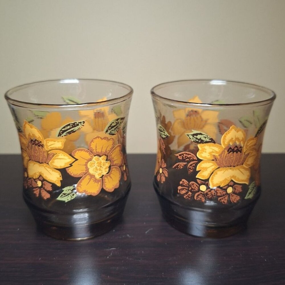Libbey Juice Glasses Small Vintage Pair 2‎ Floral Cups Golden Brown Fall Granny